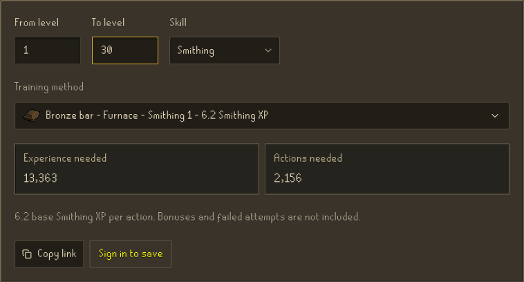 Smithing level 1 to 30 using bronze bars, with the required experience and actions